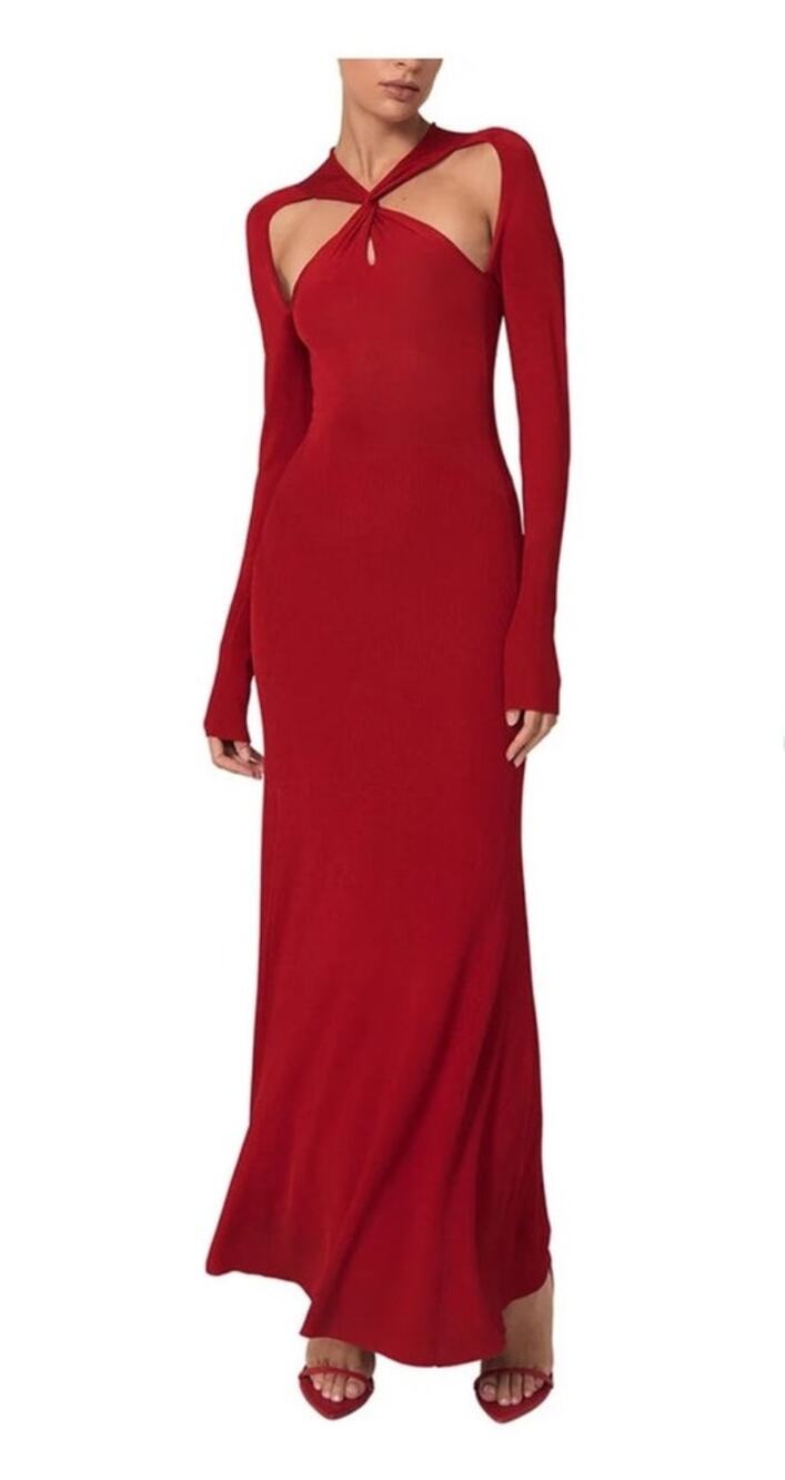 $345 NWT Reiss Vivienne Cut Out Knitted Ribbed Red Maxi Dress Body Con Sz S